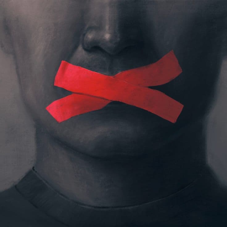 This may contain: a woman's face with a red tape on her mouth and tongue sticking out